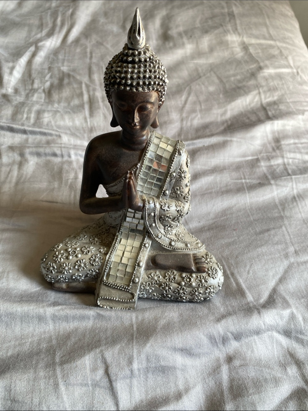Meditative Seated Buddha Sculpture with Silver Mosaic Accents